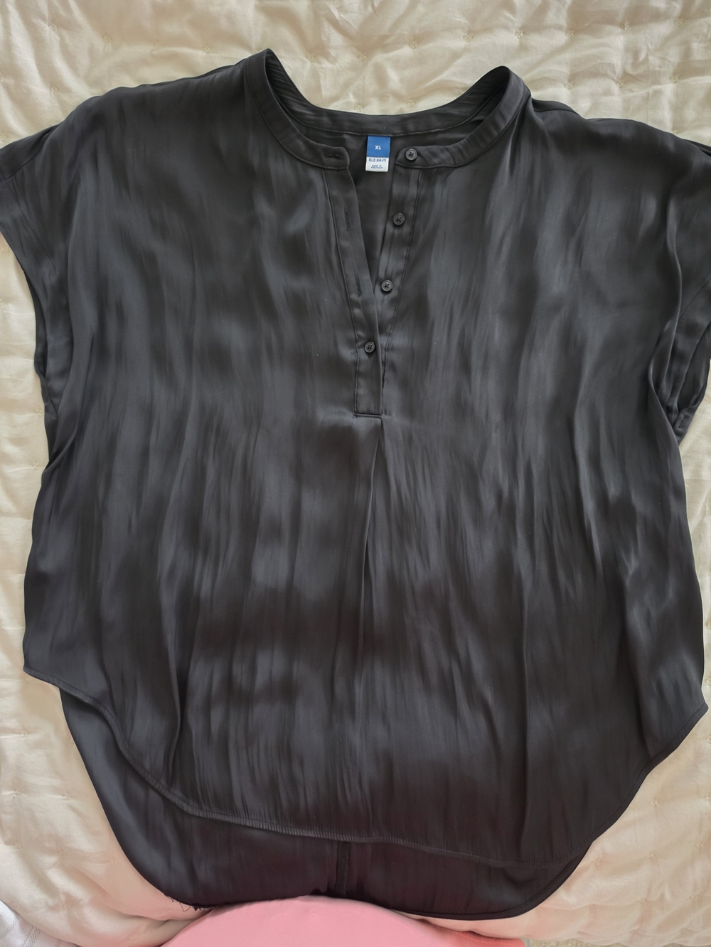 Old Navy Black Satin Henley Cap-Sleeve Blouse